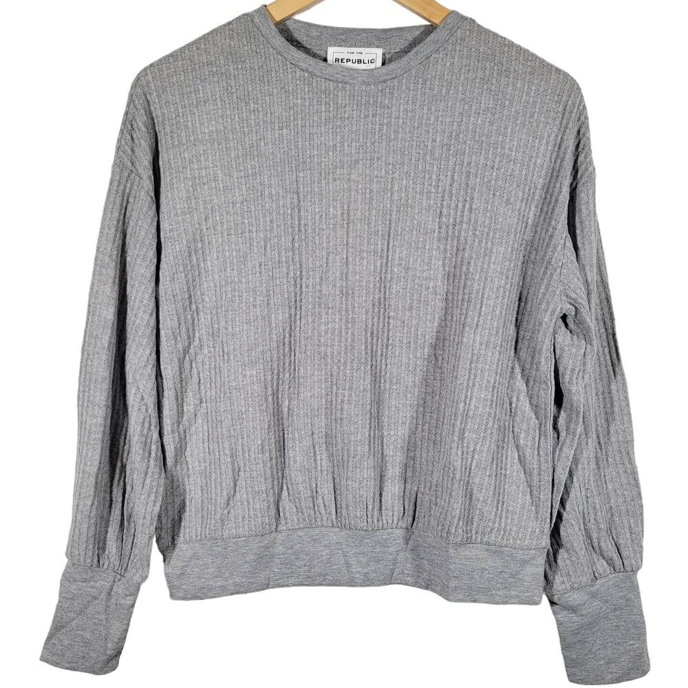 FOR THE REPUBLIC Women‎ Gray Waffle Knit Long Sleeve Pullover Sweatshirt Top S